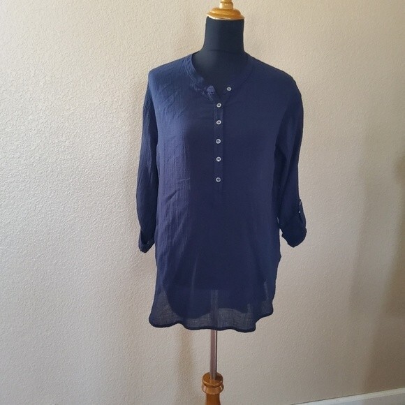 Three Dots Henley Semi Sheer Gauze Tunic Top M Navy Blue New - Picture 13 of 16